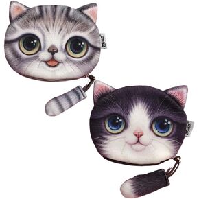 Finyoffiy 2 Pcs Cat Face Coin Purse Cute Animal Zipper Plush Wallet Small Coin Pouch Cosmetic Bag for Women Gift Bag (Yellow)