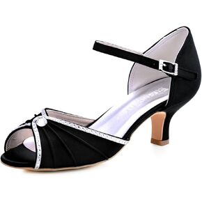 ELEGANTPARK EL-035 Women Peep Toe T-Strap Pumps Mid Heel Rhinestones Satin Evening Wedding Bridal Sandals