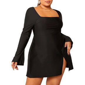 Verdusa Women's Plus Size Square Neck Flare Long Sleeve Split A Line Short Dress in Saudi Arabia