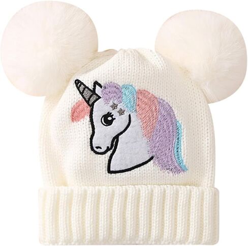 الفتيات يونيكورن قبعة صغيرة متماسكة Pompom المطرزة قبعة الجمجمة الشتاء الجدة الكفة قبعة التزلج لمدة 4-12 سنة in Kuwait