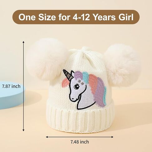 الفتيات يونيكورن قبعة صغيرة متماسكة Pompom المطرزة قبعة الجمجمة الشتاء الجدة الكفة قبعة التزلج لمدة 4-12 سنة in Kuwait