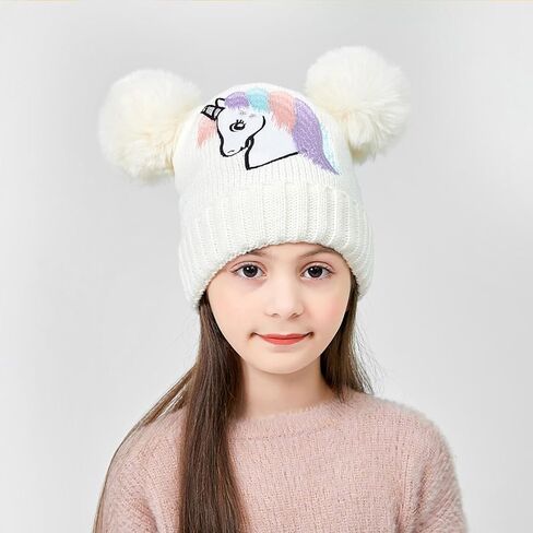 الفتيات يونيكورن قبعة صغيرة متماسكة Pompom المطرزة قبعة الجمجمة الشتاء الجدة الكفة قبعة التزلج لمدة 4-12 سنة in Kuwait