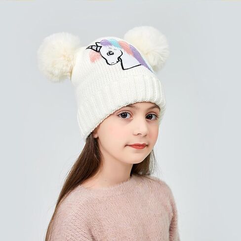 الفتيات يونيكورن قبعة صغيرة متماسكة Pompom المطرزة قبعة الجمجمة الشتاء الجدة الكفة قبعة التزلج لمدة 4-12 سنة in Kuwait