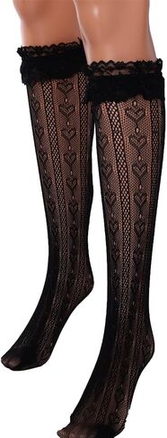 Jerany Heart Lace Knee High Socks Cute Fishnet Calf Socks Hollow Out Fishnet Knee High Socks Lolita Knee socks for Women in Saudi Arabia
