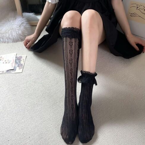 Jerany Heart Lace Knee High Socks Cute Fishnet Calf Socks Hollow Out Fishnet Knee High Socks Lolita Knee socks for Women in Saudi Arabia