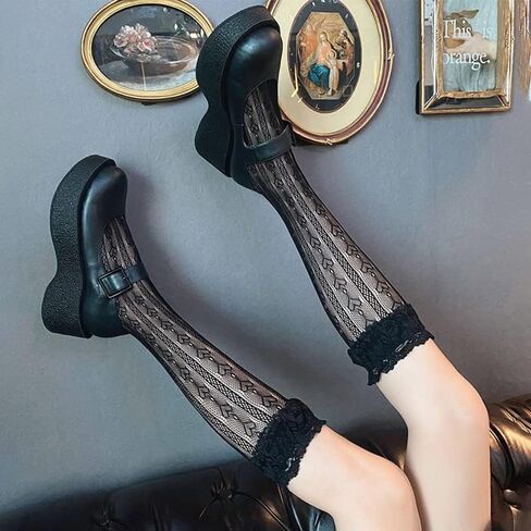 Jerany Heart Lace Knee High Socks Cute Fishnet Calf Socks Hollow Out Fishnet Knee High Socks Lolita Knee socks for Women in Saudi Arabia