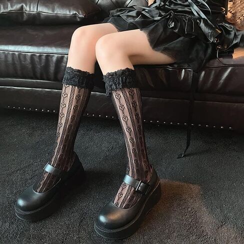 Jerany Heart Lace Knee High Socks Cute Fishnet Calf Socks Hollow Out Fishnet Knee High Socks Lolita Knee socks for Women in Saudi Arabia