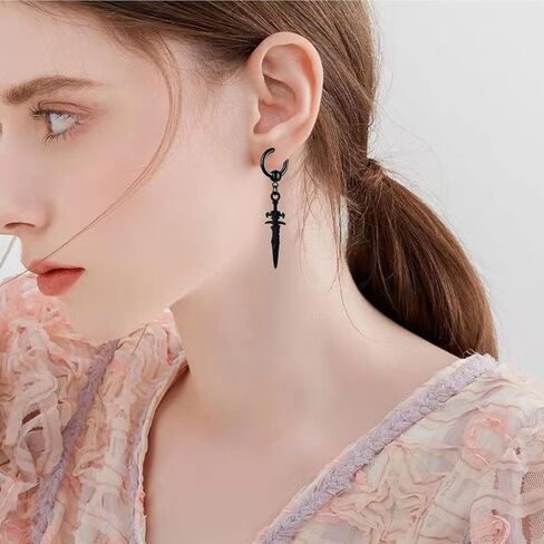 Men's Fashion Korea Style Stainless Steel Huggie Hinged Hoop Earrings with Long Chains Dangle Retro Feather Leaf Skull Awl for Men Women Boys in Kuwait