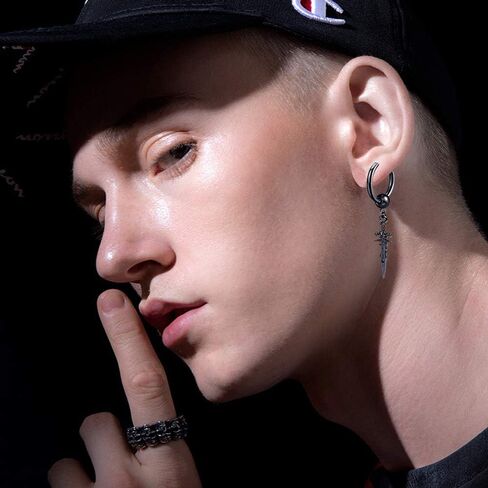 Men's Fashion Korea Style Stainless Steel Huggie Hinged Hoop Earrings with Long Chains Dangle Retro Feather Leaf Skull Awl for Men Women Boys in Kuwait