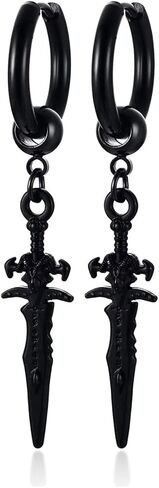 Men's Fashion Korea Style Stainless Steel Huggie Hinged Hoop Earrings with Long Chains Dangle Retro Feather Leaf Skull Awl for Men Women Boys in Kuwait