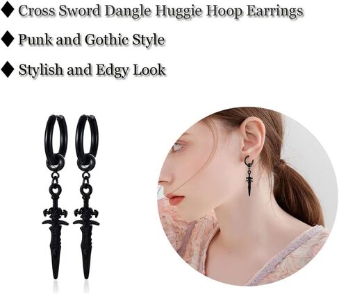 Men's Fashion Korea Style Stainless Steel Huggie Hinged Hoop Earrings with Long Chains Dangle Retro Feather Leaf Skull Awl for Men Women Boys in Kuwait