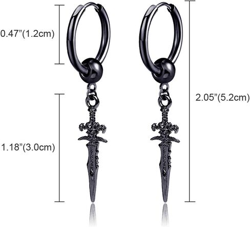 Men's Fashion Korea Style Stainless Steel Huggie Hinged Hoop Earrings with Long Chains Dangle Retro Feather Leaf Skull Awl for Men Women Boys in Kuwait