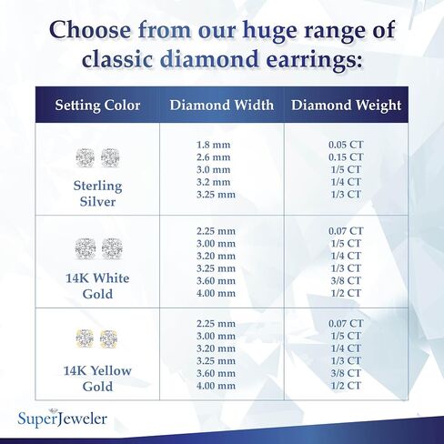 Diamond Earring Studs for Women and Men by SuperJeweler | 1/5 CT to ½ CT Diamonds | Sterling Silver, White or Yellow Gold Stud Earrings | Silicone Backs with Bonus Butterfly Backs in Saudi Arabia