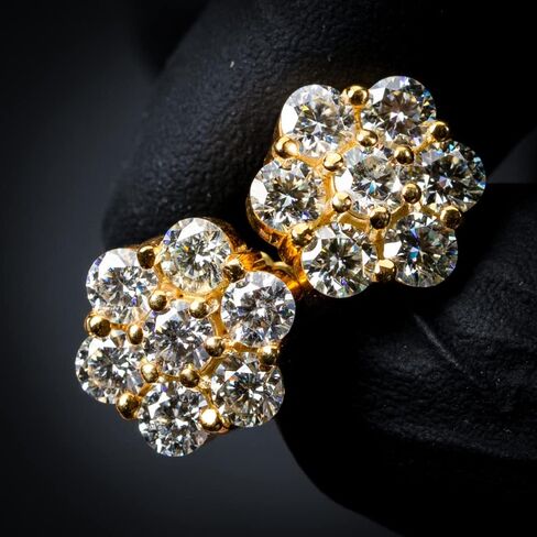 Large Trendy Circle Cubic Zirconia Hypoallergenic 14K Yellow Gold Plated 925 Sterling Silver Hip Hop Round Shape Iced 5A CZ Flower Cluster Screw Back Earrings For Men And Women in Saudi Arabia