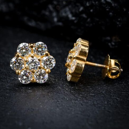 Large Trendy Circle Cubic Zirconia Hypoallergenic 14K Yellow Gold Plated 925 Sterling Silver Hip Hop Round Shape Iced 5A CZ Flower Cluster Screw Back Earrings For Men And Women in Saudi Arabia