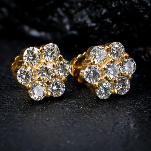 Large Trendy Circle Cubic Zirconia Hypoallergenic 14K Yellow Gold Plated 925 Sterling Silver Hip Hop Round Shape Iced 5A CZ Flower Cluster Screw Back Earrings For Men And Women in Saudi Arabia