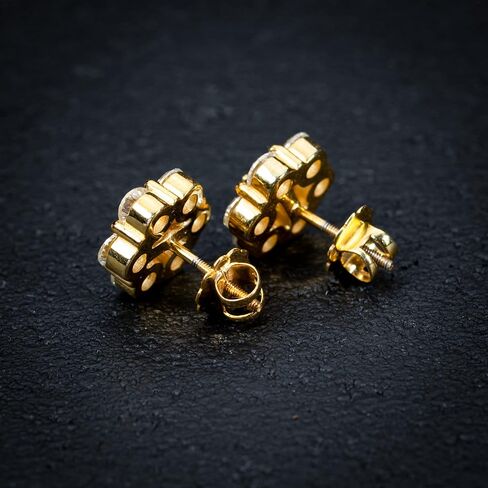 Large Trendy Circle Cubic Zirconia Hypoallergenic 14K Yellow Gold Plated 925 Sterling Silver Hip Hop Round Shape Iced 5A CZ Flower Cluster Screw Back Earrings For Men And Women in Saudi Arabia