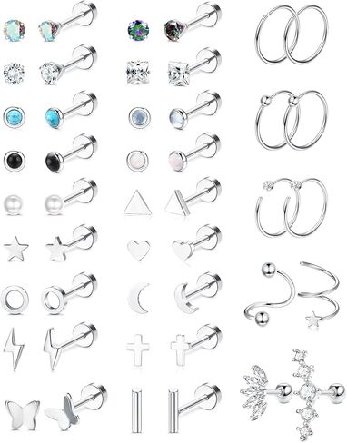 SAILIMUE 23 زوجًا من الأقراط الجراحية الفولاذية للنساء والرجال لا تسبب الحساسية أقراط الغضروف الصغيرة تشيكوسلوفاكيا أقراط الظهر المسطحة مجموعة الأطواق Tragus Daith Helix أقراط ثقب المجوهرات in Kuwait