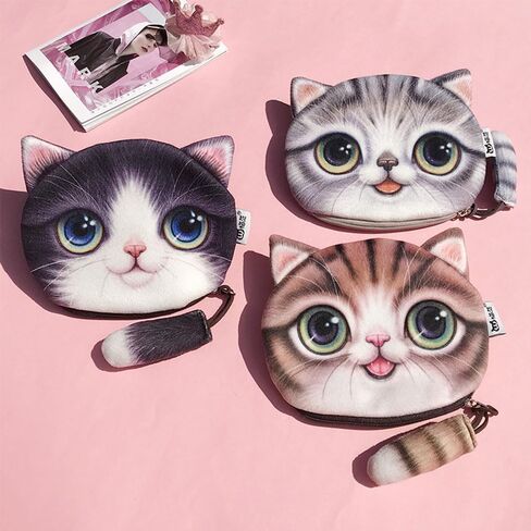 Finyoffiy 2 Pcs Cat Face Coin Purse Cute Animal Zipper Plush Wallet Small Coin Pouch Cosmetic Bag for Women Gift Bag (Yellow) in Saudi Arabia