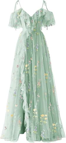 SoDigne Puffy Sleeve Long Prom Dresses Flower Embroidery Tulle V Neck Backless A-line Formal Evening Party Gown for Women in Saudi Arabia