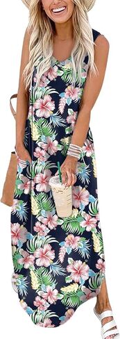 Arolina Maxi Dress for Women Tropical Summer V Neck Sleeveless Split Long Beach Dresses Casual Loose Sundress with Pockets in Saudi Arabia