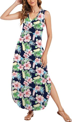 Arolina Maxi Dress for Women Tropical Summer V Neck Sleeveless Split Long Beach Dresses Casual Loose Sundress with Pockets in Saudi Arabia