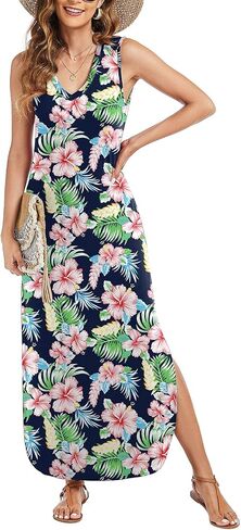 Arolina Maxi Dress for Women Tropical Summer V Neck Sleeveless Split Long Beach Dresses Casual Loose Sundress with Pockets in Saudi Arabia