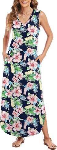 Arolina Maxi Dress for Women Tropical Summer V Neck Sleeveless Split Long Beach Dresses Casual Loose Sundress with Pockets in Saudi Arabia