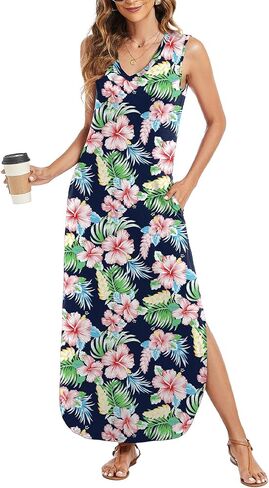 Arolina Maxi Dress for Women Tropical Summer V Neck Sleeveless Split Long Beach Dresses Casual Loose Sundress with Pockets in Saudi Arabia
