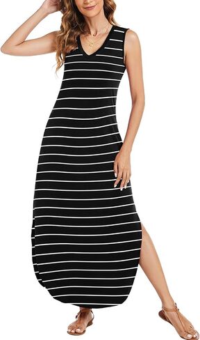 Arolina Maxi Dress for Women Tropical Summer V Neck Sleeveless Split Long Beach Dresses Casual Loose Sundress with Pockets in Saudi Arabia