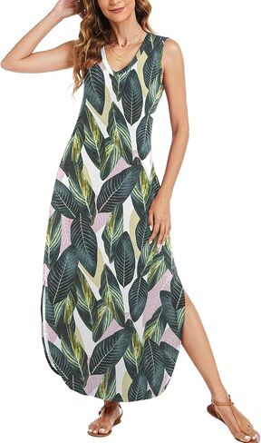 Arolina Maxi Dress for Women Tropical Summer V Neck Sleeveless Split Long Beach Dresses Casual Loose Sundress with Pockets in Saudi Arabia