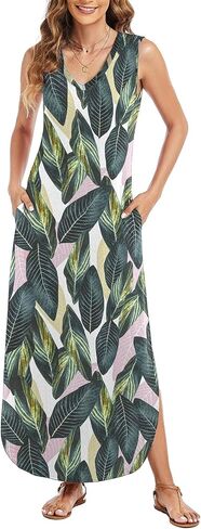Arolina Maxi Dress for Women Tropical Summer V Neck Sleeveless Split Long Beach Dresses Casual Loose Sundress with Pockets in Saudi Arabia