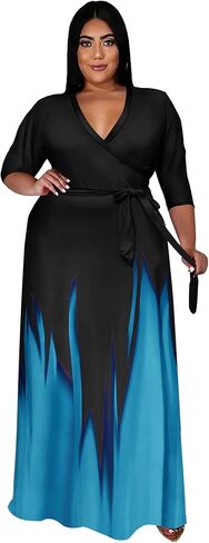 Runwind Plus Size Dresses for Women Gradient Maxi Dress Flowy 3/4 Sleeve with Belt in Saudi Arabia