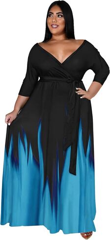 Runwind Plus Size Dresses for Women Gradient Maxi Dress Flowy 3/4 Sleeve with Belt in Saudi Arabia