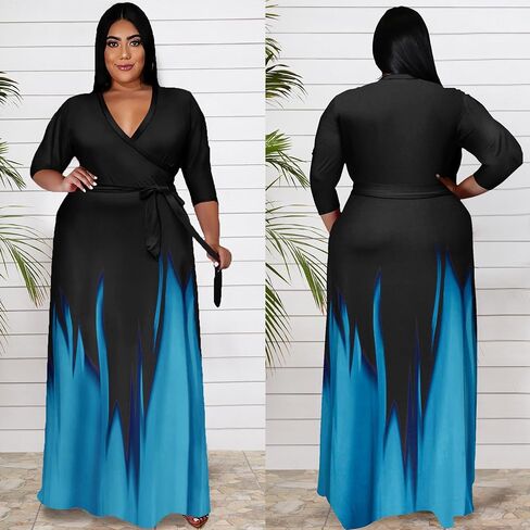 Runwind Plus Size Dresses for Women Gradient Maxi Dress Flowy 3/4 Sleeve with Belt in Saudi Arabia