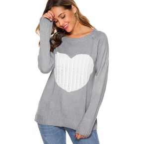 koitmy Women's Long Sleeve Crewneck Knitted Patchwork Cute Heart Sweaters
