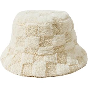 Plush Fisherman Hat for Women Fuzzy Chessboard Bucket Hat Wide Brim Fluff Warm Cap for Fall Winter Gift 2023