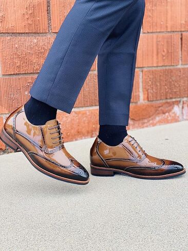 CALTO Men's Invisible Height Increasing Elevator Shoes - Patent Leather Lace-up Wing-tip Formal Oxfords - 3 Inches Taller in Kuwait