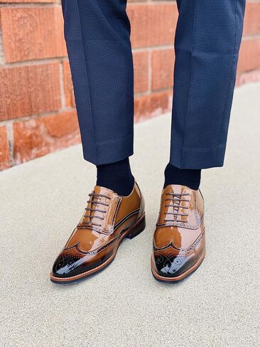CALTO Men's Invisible Height Increasing Elevator Shoes - Patent Leather Lace-up Wing-tip Formal Oxfords - 3 Inches Taller in Kuwait