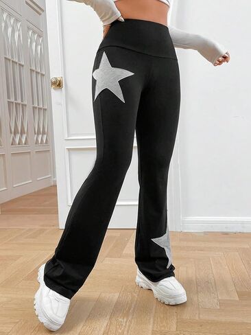 COZYEASE Women's Star Graphic Elastic Waist Flare Leg Sweatpants Geometric Print Long Pants in Kuwait