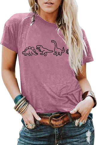 Women Cute Dinosaurs Graphic Tees Girls Short Sleeve Casual Crew Neck Tshirt Tops in Saudi Arabia