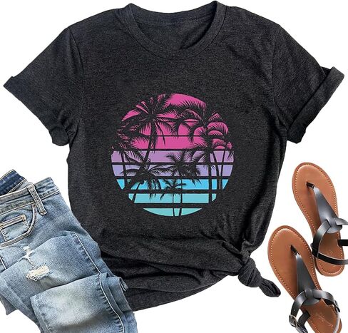 Hawaiian Shirts for Women Palm Trees Graphic Tees Summer Beach Vacation Tops Short Sleeve Casual Tshirt in Saudi Arabia