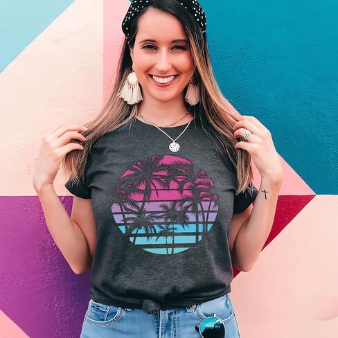 Hawaiian Shirts for Women Palm Trees Graphic Tees Summer Beach Vacation Tops Short Sleeve Casual Tshirt in Saudi Arabia
