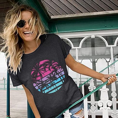Hawaiian Shirts for Women Palm Trees Graphic Tees Summer Beach Vacation Tops Short Sleeve Casual Tshirt in Saudi Arabia