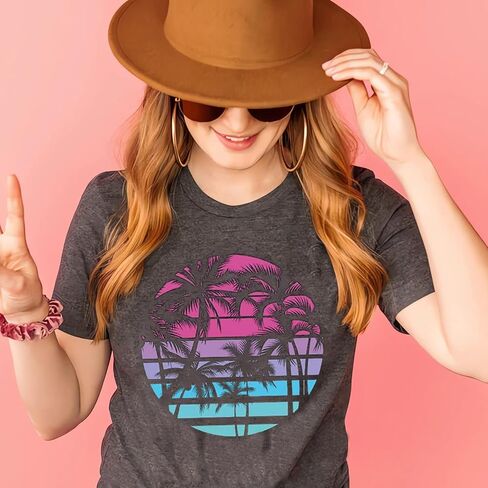 Hawaiian Shirts for Women Palm Trees Graphic Tees Summer Beach Vacation Tops Short Sleeve Casual Tshirt in Saudi Arabia