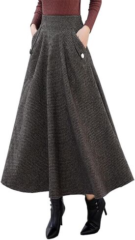 Ylingjun Warm Long Wool Skirt for Womens Winter Fall Elastic High Waisted A Line Flared Pleated Wool Skirts in Saudi Arabia