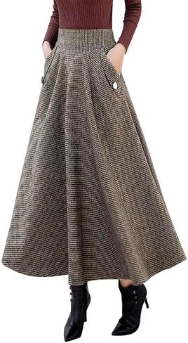 Ylingjun Warm Long Wool Skirt for Womens Winter Fall Elastic High Waisted A Line Flared Pleated Wool Skirts in Saudi Arabia