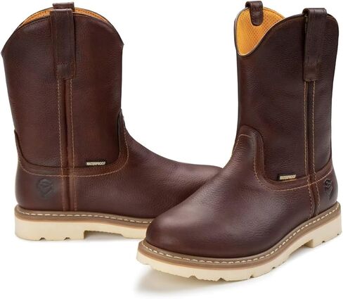 شورواي حذاء ويلينغتون للرجال بمقدمة من الستيل مقاوم للماء ومصنوع من الجلد المحبب بالكامل، حذاء عمل سهل الارتداء ومتين ومريح ومقاوم للزيت والانزلاق in Kuwait