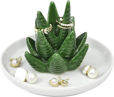 HinyBoeh Aloe-Ring-Hold السيراميك والصبار والمجوهرات وصينية طبق مع طبق أبيض مزخرف طبق صينية حلية لأفضل الأصدقاء وهدايا عيد الميلاد in Kuwait