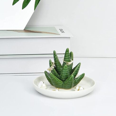 HinyBoeh Aloe-Ring-Hold السيراميك والصبار والمجوهرات وصينية طبق مع طبق أبيض مزخرف طبق صينية حلية لأفضل الأصدقاء وهدايا عيد الميلاد in Kuwait